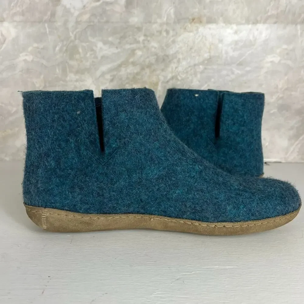 Glerups Womens Booties Slippers Wool Upper Size 11 Petrol Blue Suede Sole